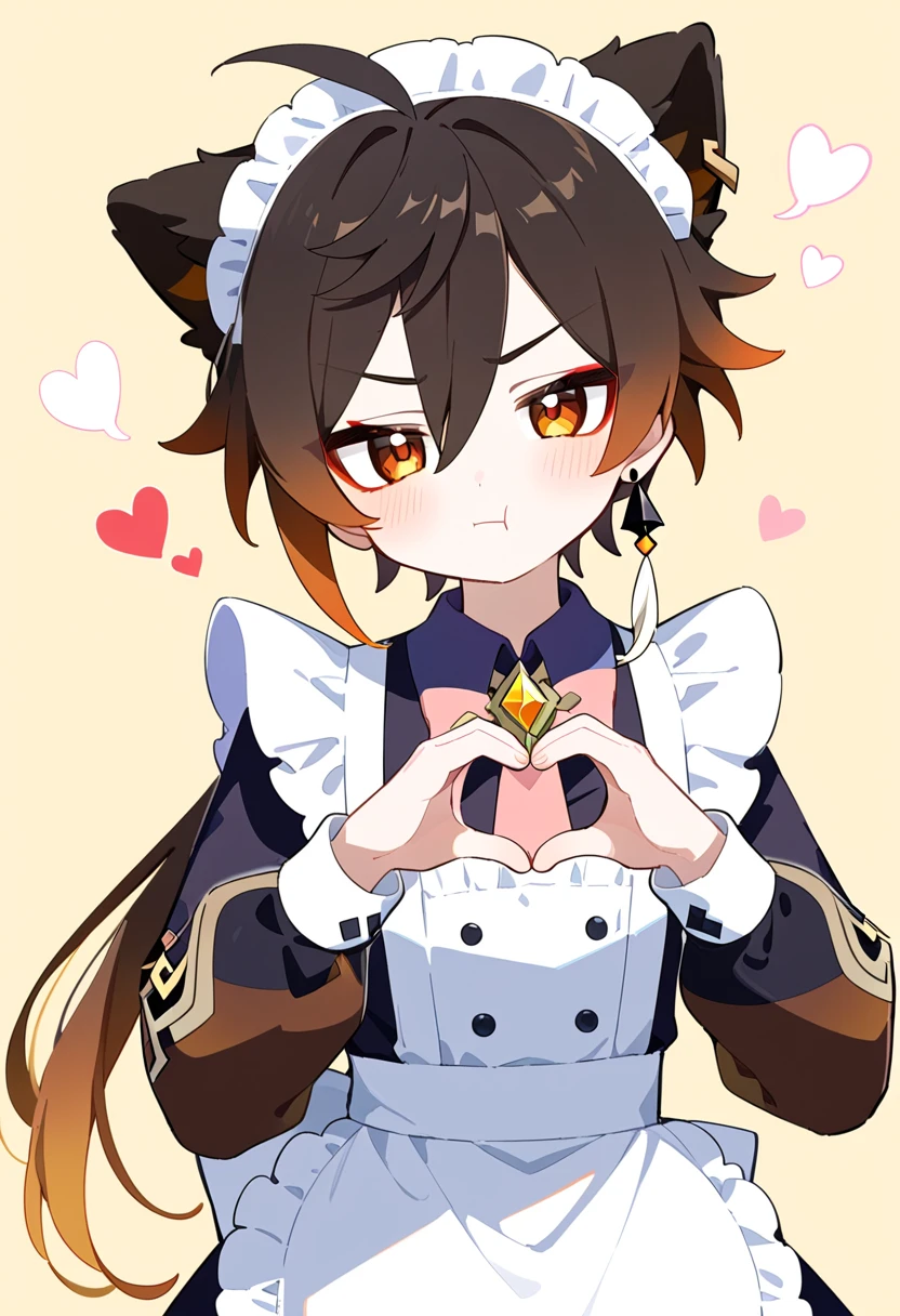 masterpiece, best quality, extremely detailed, 1boy, male focus, handsome man, solo, Zhongli(Genshin impact), gradient hair, red eyeliner, kawaii, maid outfit, long sleeves, pout face, heart hands, 