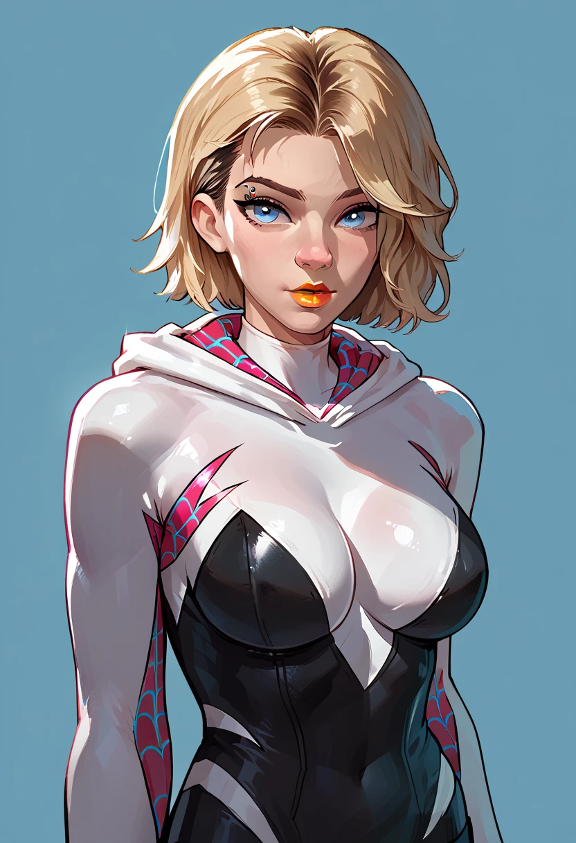 woman, blonde hair, blue eyes, white skin, big breasts, yellow lipstick, anime style, Spider Gwen, Gwen Stacy, Marvel rivals