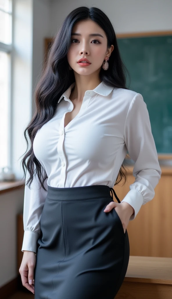 A young teacher woman with huge breasts stands confidently in the classroom, her elegantly bob cut styled hair a focal point amidst the soft glow of dramatic lighting. The camera captures her full figure, from the gleaming white blouse to the fitted pencil miniskirt, as she faces directly at the viewer with an air of authority. Flowy long hair cascades down her back like a dark waterfall, while the background remains softly focused, allowing her stunning features and intricate details to take center stage.