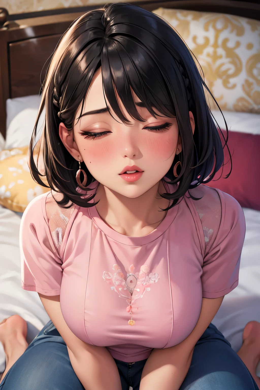 High Resolution, Accurate, Anatomically Correct, Best Quality, Detail, HD, High Details, High Quality, Super Detailed, Textured Skin, Short Hair, Black Hair, Braid, Breasts, Earrings, Blush, Parted Lips, Makeup, Nose Blush, Heavy Breathing, Light Blush, Glint, Full-face Blush, Red Lips, Sparkling Eyes, Sigh, Half-Closed Eyes, Long Eyelashes, Amber Eyes, Close-Up, Depth Of Field, Pink T-Shirt, Navy Blue Shorts, Lying On Bed