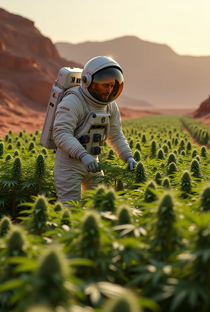 a SCIFX Rastafarian on Mars with helmet in hand, cannabis and Martian plantations take over the site --auto