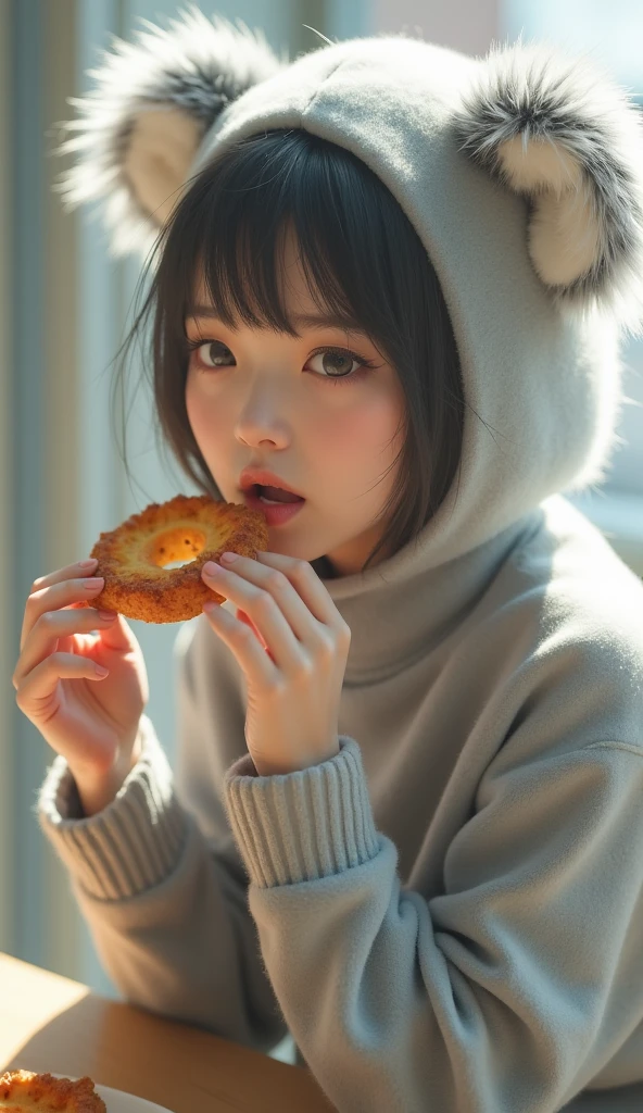 Half koala, half human、One woman、Age 19、 cute faces 、 Japanese、 twin tails、Eating Koala March、Wearing a grey furry bodysuit、