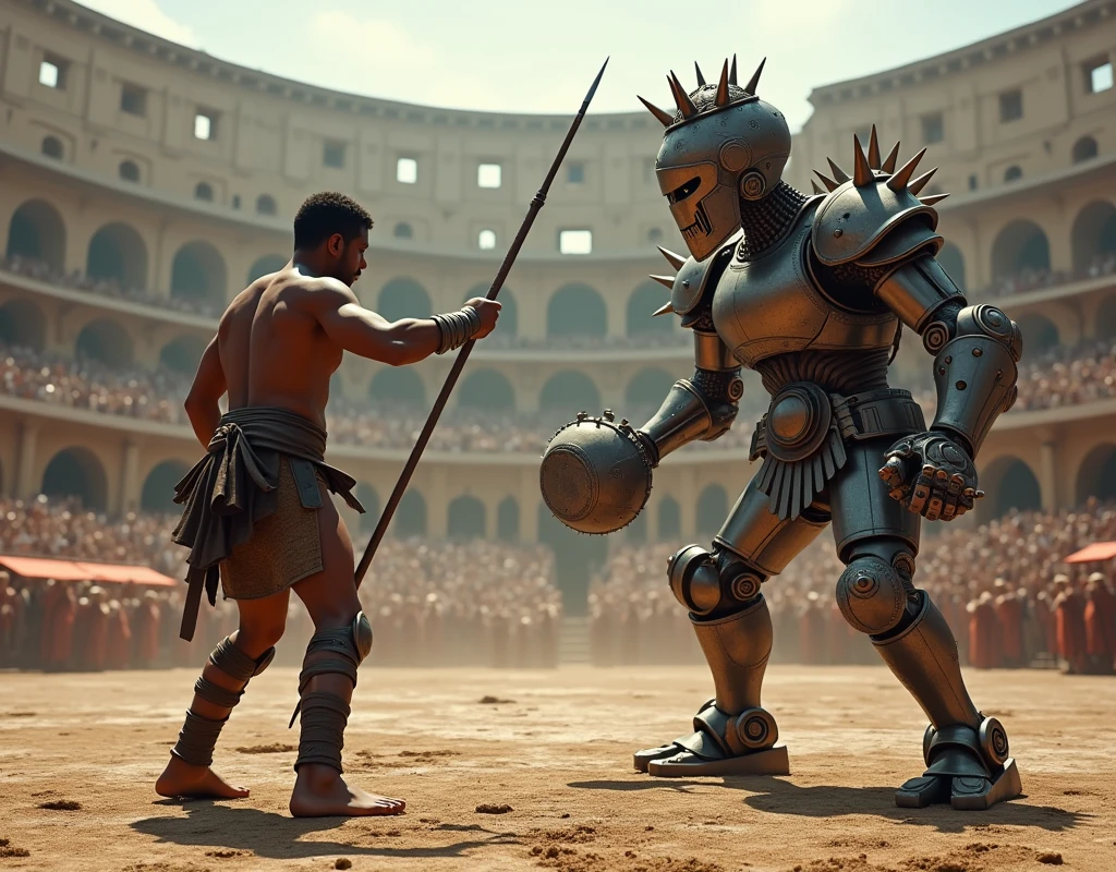 (UHD,4k render, photorealistic ,max detal ,digital photo) : Ancient Rome , Roman Colosseum during ancient Rome , spectators in ancient Roman robes on the stands ,  we are in the middle of the Colosseum arena , a large pumped up mulatto with a spear in hand , and light gladiator armor fights a steam robot with a mechanical gladiator( gladiator mechanical robot , in spiked Roman armor , with a bolava in hand , an incredible retro view , Threatening view ,steam breaks out , fire-glowing eyes behind the visor ),  gladiator battle in the Colosseum arena ,(фотореалистичный  gladiator mechanical robot  , ancient Roman style and design ,)