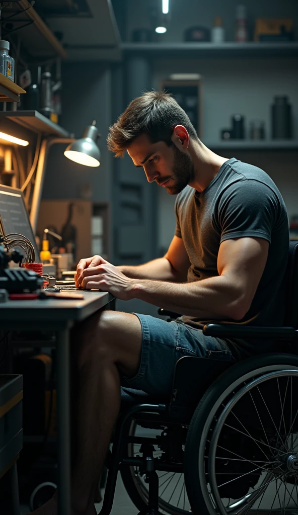 A muscular, masculine, handsome man without legs (((no legs)))(((no limbs))), sitting in a wheelchair, wearing a t-shirt and denim shorts, working at an electronic workbench. The man has a determined expression, with intricate details in his face and surroundings. Chiaroscuro lighting, cinematic and dramatic ambiance, ultra-detailed and photorealistic, 4k resolution, masterpiece quality. The wheelchair and electronic workbench are highly detailed and prominent in the scene.