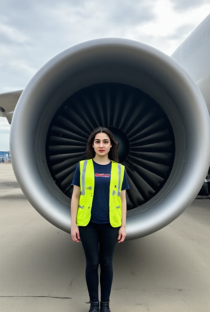 A hyper-realistic scene depicts a young Turkish woman standing next to a colossal airplane engine on the tarmac of a vast airfield. The polished metallic surface of the engine reflects the soft light filtering through a partly cloudy sky. The intricate fan blades are meticulously detailed, highlighting the impressive engineering. In the background, the large wing of the airplane is visible, connecting the engine to the main aircraft, adding context to the scale.

The woman stands slightly off-center, confidently posed in a neon yellow safety vest over a navy blue t-shirt, paired with black work pants and sturdy boots. Her jet-black hair is gently tousled by the breeze, and her fair skin glows under the natural daylight. She has expressive features, almond-shaped hazel eyes, and a calm, professional expression. The face is unique, not resembling any specific person.

The background includes the expansive airfield with distant, blurred hangars and other grounded aircraft, providing a sense of depth. The scene balances the immense size of the airplane engine with the woman’s presence, celebrating both human professionalism and the marvels of aviation technology, all rendered in hyper-realistic detail.

