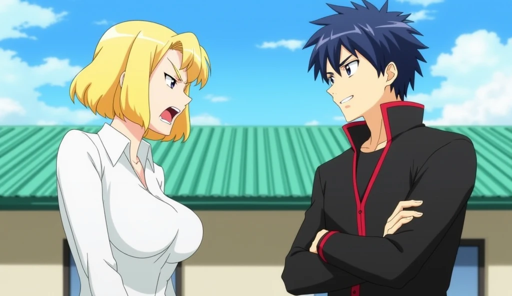 Highres, Masterpiece, Best quality at best, Best Quality, high quality, high detailed, boy, 1boy, cat noir, blonde, chiseled abs, chiseled pecs, sweating, wet, glistening skin, shiny skin, oiled up, black tank top, (masterpiece, 3D anime style, more detail, ultra detail), adult boy, tank top, upper body, chiseled abs, chiseled pecs, indoors, bending over, (Side view) kissing