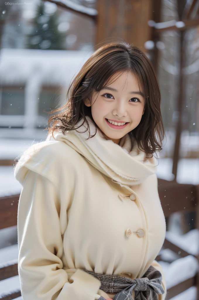 ((snow scene))、warm coat、Full body Esbian、laughter、(masterpiece、highest quality) 、cute、(big breasts:1.2)、((20 year old woman:1.2))、young adorable japanese face, ,soft portrait shot,In 8K,、Young and cute gravure idol