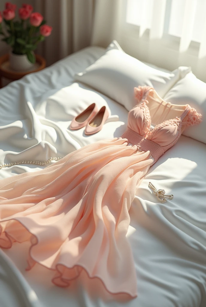 araffed woman in a white dress sitting on a bed, white silky outfit, soft outlines, wearing a nightgown, white and pink, nightgown, wearing white camisole, very ethereal, white and light-pink outfit, pretty white dress, wearing a cute white dress, pale milky white porcelain skin, white puffy outfit, dreamy and ethereal , with big