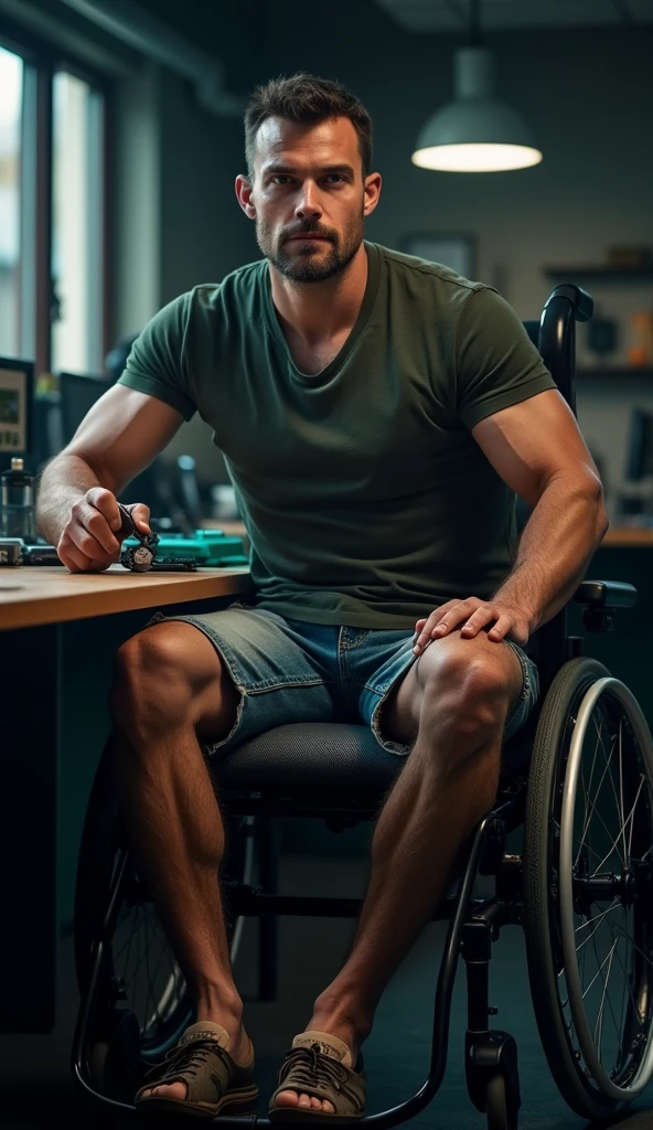 A muscular, masculine, handsome man without legs (((no legs)))(((no limbs))), sitting in a wheelchair, wearing a t-shirt and denim shorts, working at an electronic workbench. The man has a determined expression, with intricate details in his face and surroundings. Chiaroscuro lighting, cinematic and dramatic ambiance, ultra-detailed and photorealistic, 4k resolution, masterpiece quality. The wheelchair and electronic workbench are highly detailed and prominent in the scene.