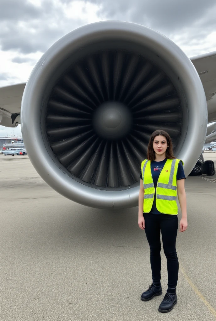 A hyper-realistic scene captures a young Turkish woman standing next to a colossal airplane engine on the tarmac of a large airfield. The engine, connected to the visible wing of the airplane, showcases its polished metallic surface reflecting soft, diffused daylight from a partly cloudy sky. Each fan blade is sharply detailed, emphasizing the precision of aviation engineering. The lighting is natural, with soft highlights and shadows adding depth without any unnatural glare.

The woman stands confidently, slightly off-center, wearing a neon yellow safety vest over a fitted navy blue t-shirt, paired with black work pants and sturdy boots. Her jet-black hair falls naturally over her shoulders, slightly lifted by the breeze. She has fair skin with natural daylight highlighting her features. Her face is defined by slightly angular, gently kempt cheekbones and a subtle jawline, creating a professional yet approachable look. Her almond-shaped hazel eyes are framed by thick eyebrows, and her lips form a subtle, confident smile. Her face is unique, not resembling anyone specific.

The background includes the vast airfield, with distant hangars and grounded planes blurred to maintain focus on the woman and the engine. The scene balances the immense scale of the airplane engine with the woman’s poised presence, showcasing both human professionalism and the grandeur of modern aviation. Every detail, from the fabric of her vest to the metallic textures of the engine, is rendered with hyper-realistic precision, ensuring a seamless blend of realism and artistry.