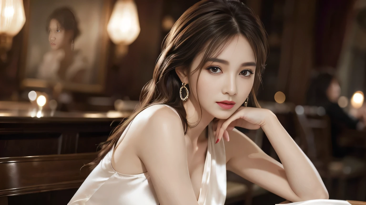 masterpiece, Highest quality, Realistic, Very detailed, Finer details, High resolution, 8k wallpaper, One beautiful woman, Wear a nice suit, In a great restaurant, At night, Light brown messy hair, Perfect dynamic composition, Beautiful and beautiful eyes、Big earrings、Sit on a chair