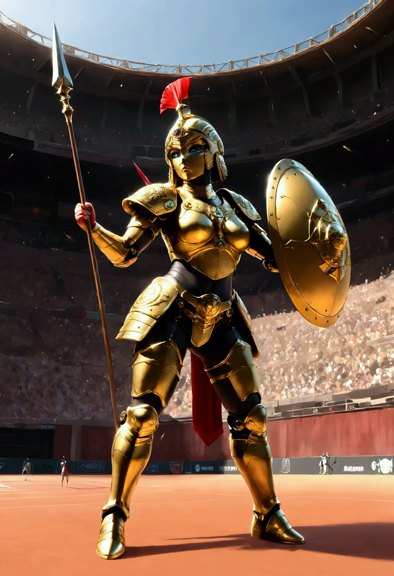 Ancient Rome, Colosseum, Robot Gladiator from the future, female, mechanical body, full body armor, (holding short spear in right hand), (holding small shield in left hand) (metal thigh high pumped stiletto boots), fighting