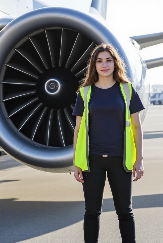 A hyper-realistic scene captures a young Turkish woman standing next to a colossal airplane engine on the tarmac of a large airfield. The engine, connected to the visible wing of the airplane, showcases its polished metallic surface reflecting soft, diffused daylight from a partly cloudy sky. Each fan blade is sharply detailed, emphasizing the precision of aviation engineering. The lighting is natural, with soft highlights and shadows adding depth without any unnatural glare.

The woman stands confidently, slightly off-center, wearing a neon yellow safety vest over a fitted navy blue t-shirt, paired with black work pants and sturdy boots. Her jet-black hair falls naturally over her shoulders, slightly lifted by the breeze. She has fair skin with natural daylight highlighting her features. Her face is defined by slightly angular, gently kempt cheekbones and a subtle jawline, creating a professional yet approachable look. Her almond-shaped hazel eyes are framed by thick eyebrows, and her lips form a subtle, confident smile. Her face is unique, not resembling anyone specific.

The background includes the vast airfield, with distant hangars and grounded planes blurred to maintain focus on the woman and the engine. The scene balances the immense scale of the airplane engine with the woman’s poised presence, showcasing both human professionalism and the grandeur of modern aviation. Every detail, from the fabric of her vest to the metallic textures of the engine, is rendered with hyper-realistic precision, ensuring a seamless blend of realism and artistry.