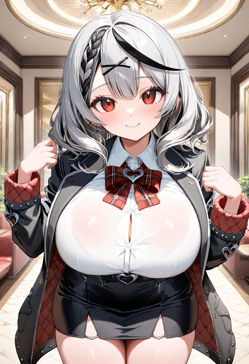 ( top quality  , 8k , masterpiece ),  girl  , young , 1 person , sakamata chloe ,  hololive  , Silver Hair , Big Breasts , smile ,  like heaven ,  red cheeks  , A rich variety of skin tones  , ( suit, pencil skirt, jacket, shirt :1.2) , ( huge breasts:1.2)