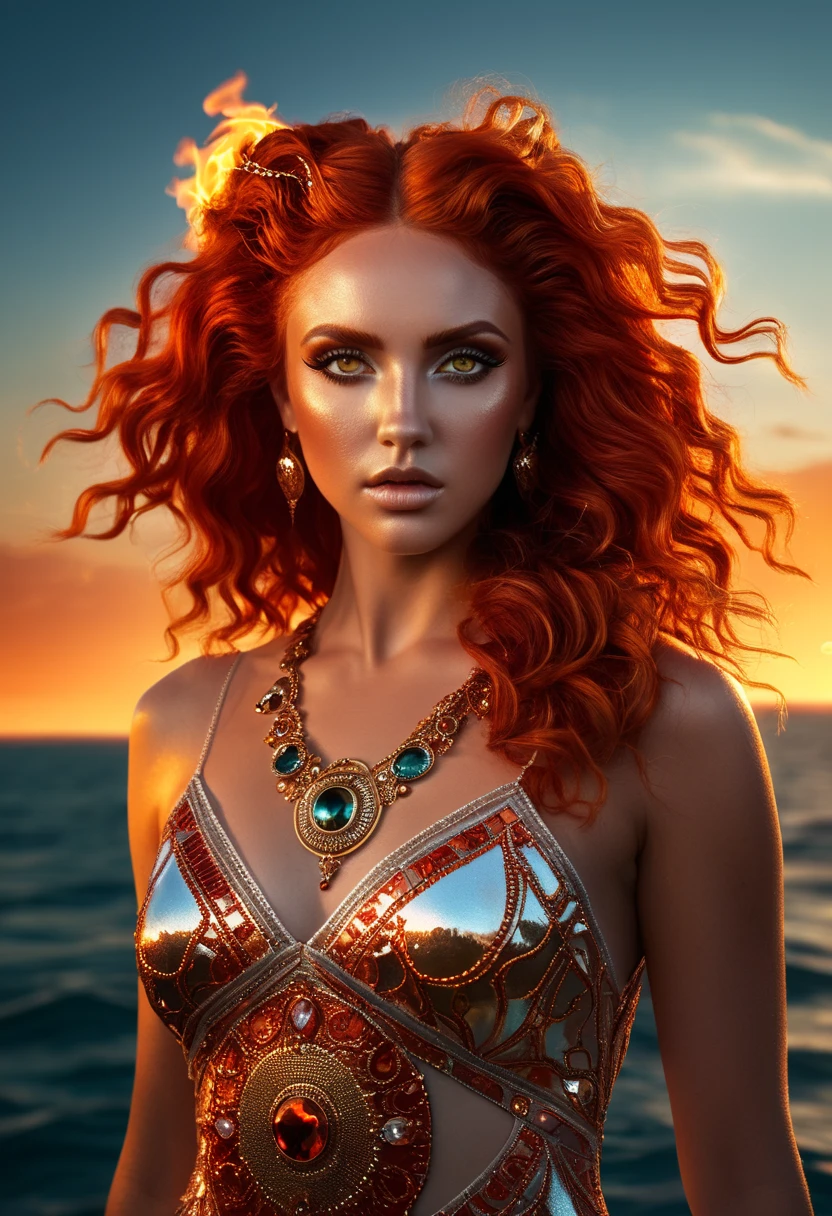 ( High quality , ultra detailed to hand ) ( careful hand ) Zodiac sign- Aries goddess , similar to latin goodness , Brave ,willful ,productive ,enterprising and humanitarian face . Moody, impulsive, impatient, assertive style . sunset reddish hair , transparent dress , in the ocean with sun , whole body , crystal fire eyes ( eye detailed ) . strong powerful make up look . Fire goddess .