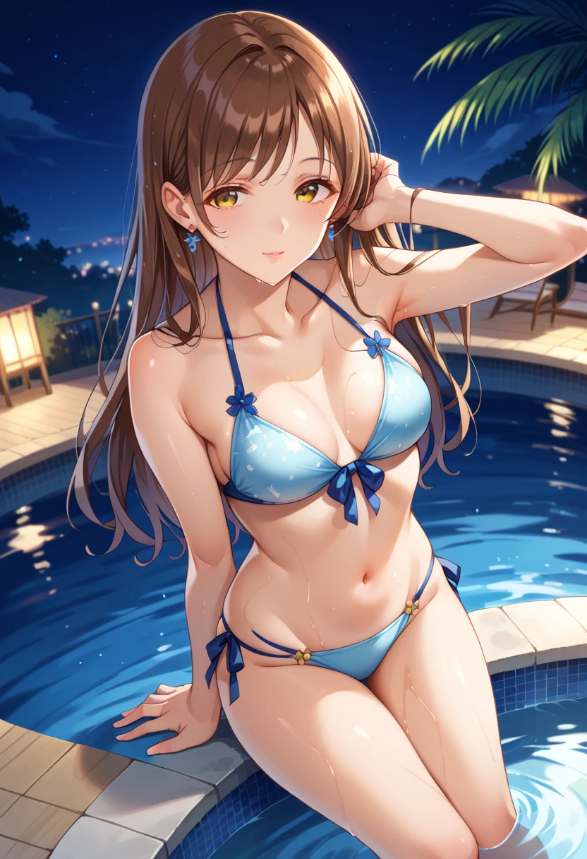 Nitta Minami、Brown Hair、 longhair 、 light blue bikini、(( angle from above ))、 small breasts、Pool、 Ulchan - 6500-v1.1, ( RAW photos :1.2),  beautiful detailed ,  very detailedな目、 beautiful eyes, beautiful eyes、 yellow eyes、  file size is large by hand,  high res,  very detailed,  top quality , [masterpiece:1.6], Awareness-raising,  very detailed, CG, finely,  top quality , 8K wallpaper,  Completate、 excitement 、 very detailed、 Thin and Beautiful Thighs、very wet body