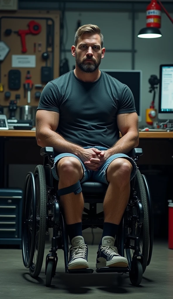 A muscular, masculine, handsome man without legs (((no legs)))(((no limbs))), sitting in a wheelchair, wearing a t-shirt and denim shorts, working at an electronic workbench. The man has a determined expression, with intricate details in his face and surroundings. Chiaroscuro lighting, cinematic and dramatic ambiance, ultra-detailed and photorealistic, 4k resolution, masterpiece quality. The wheelchair and electronic workbench are highly detailed and prominent in the scene.