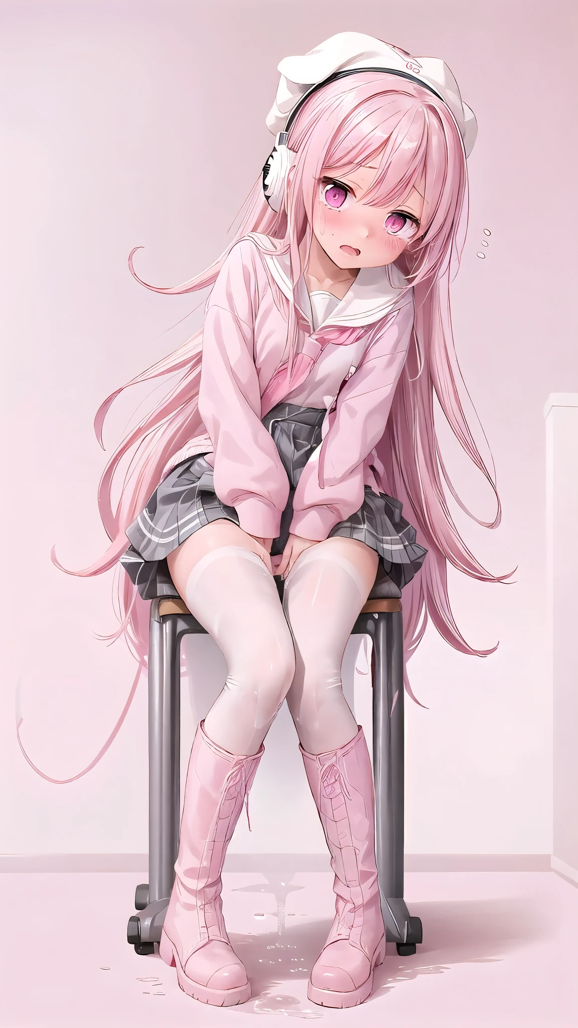  white pantyhose， long pink hair，  pink and white sweatshirt ，pink eyes， black headphones ，White boots， blush害羞，Leg clamp ，female masturbation， blush shy，Leaking urine（1.2）classroom scene，eternal, cry, ,  tears streaming out of my eyes, Embarrassment comes from ,  blush), ( Girl is peeing : 1.2),, Look away, sit, Awkward,  blush,  Open your mouth slightly, classroom (Girl Leaking urine): 1.5)