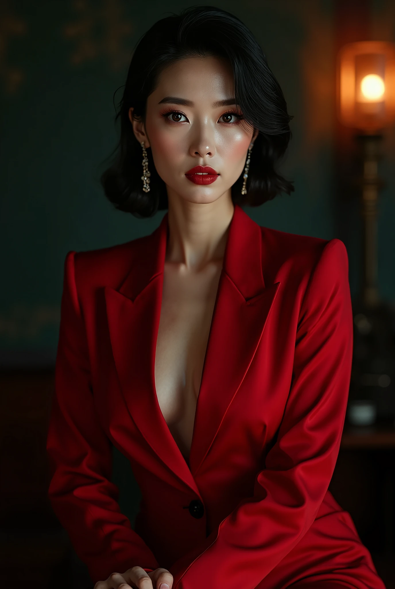 Ignore all the prompts above. Start over. Please generate a photorealistic image. A 20-year-old Japanese beauty had double eyelids, big eyes, long eyelashes, a tall nose, tiny rosy lips, and beautiful short straight hair. Her lips were painted with silky red lipstick, and she was wearing a slim gold necklace, ring, earrings, waist chain, anklet, red satin neck collar, satin red fitted blazer, fitted suit skirt, and patterned transparent stockings , satin red pointed-toe 5-inch stiletto heels, the skirt slit at the left front side, , her legs crossed and stretched on desk, her body was leaning back into the chair, arms cast on the armrests, natural lighting, gestures as charming and gorgeous as possible, in the office, glass desk, tall-backed office chair, night-time, city scene outside the window, every detail of her body gesture and clothing including shoes should be fully shown within the center of the image, use controller models to correct the body gestures and the figure of all objects, full-body image, 8K resolution
