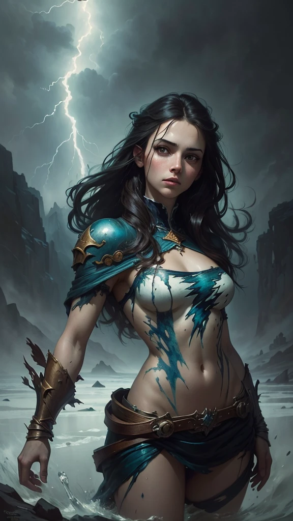 "(Best quality), (masterpiece), (highly intricate details), Amna harnessing the forces of chaos in a mesmerizing spectacle, holding a staff with lightning coming out of it, high quality, cool combat pose, medieval setting, lots of details, great mage."