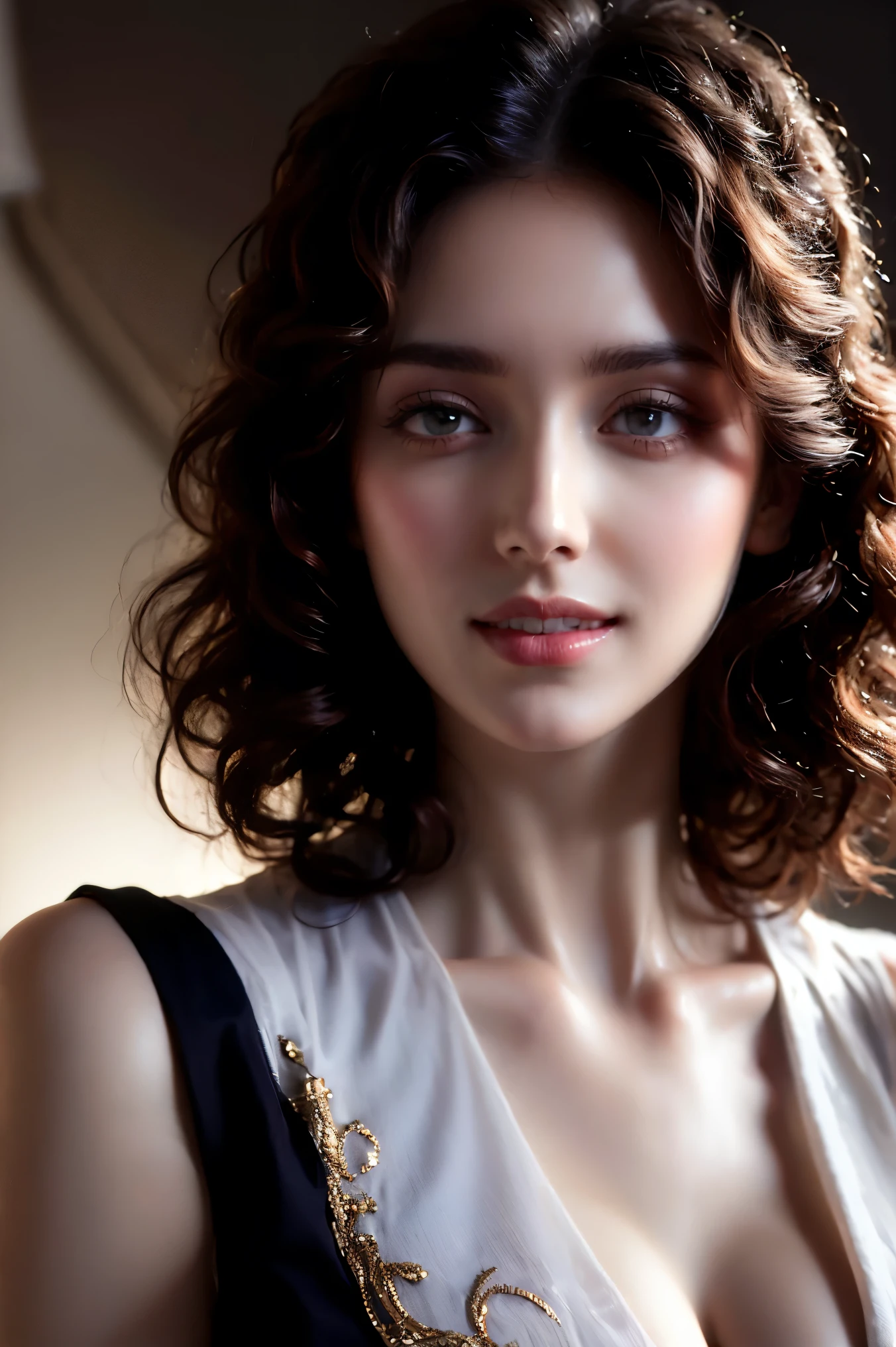 photorealistic, masterpiece, best quality, raw photo, 1girl, solo, long hair, brown hair, detailed face, alluring face, collared shirt, medium breasts, dynamic pose, looking at viewer, from below, detailed background, fine detailed, intricate detail, ray tracing, depth of field, low key, hdr,A strikingly beautiful 24-year-old girl with stunning features, captured in exquisite detail with an 8k resolution. Her short, hair frames her delicate face, revealing her highly detailed glossy eyes with double eyelids. Her skin is pale, smooth, and clean, accentuating her natural, round medium breasts with cleavage visible through her pale cotton vest. The ornate embroidery patterns on the vest add a touch of elegance to her slender figure, emphasized by nicely shaped hands. The bedroom is dimly lit, creating a low-key, dark theme with an "in the dark" atmosphere, allowing every intricate detail of the girl's features and attire to stand out. She is laying on a bed with pillows, her head propped up on one as she gazes directly at the camera with a seductive smile, her glossy lips parted slightly and her expressive eyes shining bright. The focus is sharp, enhancing the realism of the image, which showcases her gorgeous figure and enchanting presence to its fullest extent., perfect detailed face, full glossy lips, detailed eyes, detailed nose, detailed teeth