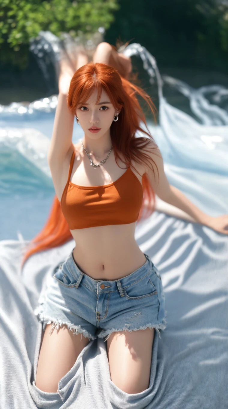 Photorealistic, (close-up:1.3, facing forward), wide angle, (seen from forward:1.2), in frame, a young japanese girl, ((nami likeness:1.3), (topless with ripped long tight jeans:1.2), belt), a hyperrealistic beautiful young girls with green eyes, (exposed natural droopy breast, it's huge and soft), high detailed official artwork, beautiful girls with (tattoo:1.4), ((slim body:1.2), (busty posture:1.2), slim waist, perfect abs)), attractive young woman, ((sitting back:1.3), hug her breast up:1.3), with lazy pose on the pirates ship over the (sunset ocean:1.2), surrounded by water, skyview background, dubnitskiy david fanart, realistic portrait, smooth photorealistic, perfect visual of a cute girls, cute girls with detailed perfect face, flawless make-up, face focus, bewitching smile, messy red hair, photon mapping, natural light, warm color tones, vivid colors, intimate atmosphere