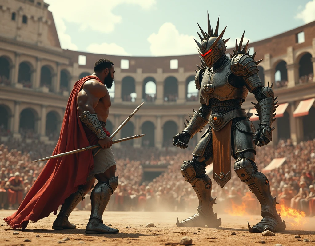 (UHD,4k render, photorealistic ,max detal ,digital photo) : Ancient Rome , Roman Colosseum during ancient Rome , spectators in ancient Roman robes on the stands ,  we are in the middle of the Colosseum arena , a large pumped up mulatto with a spear in hand , and light gladiator armor fights a steam robot with a mechanical gladiator( gladiator mechanical robot , in spiked Roman armor , with a bolava in hand , an incredible retro view , Threatening view ,steam breaks out , fire-glowing eyes behind the visor ),  gladiator battle in the Colosseum arena ,(фотореалистичный  gladiator mechanical robot  , ancient Roman style and design ,)