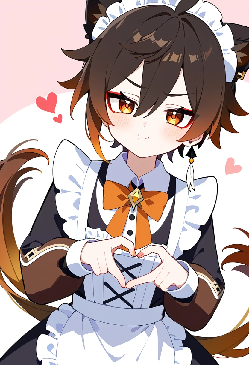 masterpiece, best quality, extremely detailed, 1boy, male focus, handsome man, solo, Zhongli(Genshin impact), gradient hair, red eyeliner, kawaii, maid outfit, long sleeves, pout face, heart hands, 