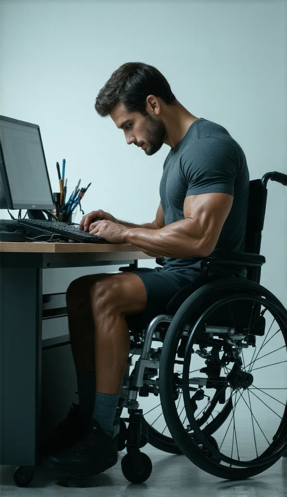 A muscular, masculine, handsome man without legs (((no legs)))(((no limbs))), sitting in a wheelchair, wearing a t-shirt and denim shorts, working at an electronic workbench. The man has a determined expression, with intricate details in his face and surroundings. Chiaroscuro lighting, cinematic and dramatic ambiance, ultra-detailed and photorealistic, 4k resolution, masterpiece quality. The wheelchair and electronic workbench are highly detailed and prominent in the scene.