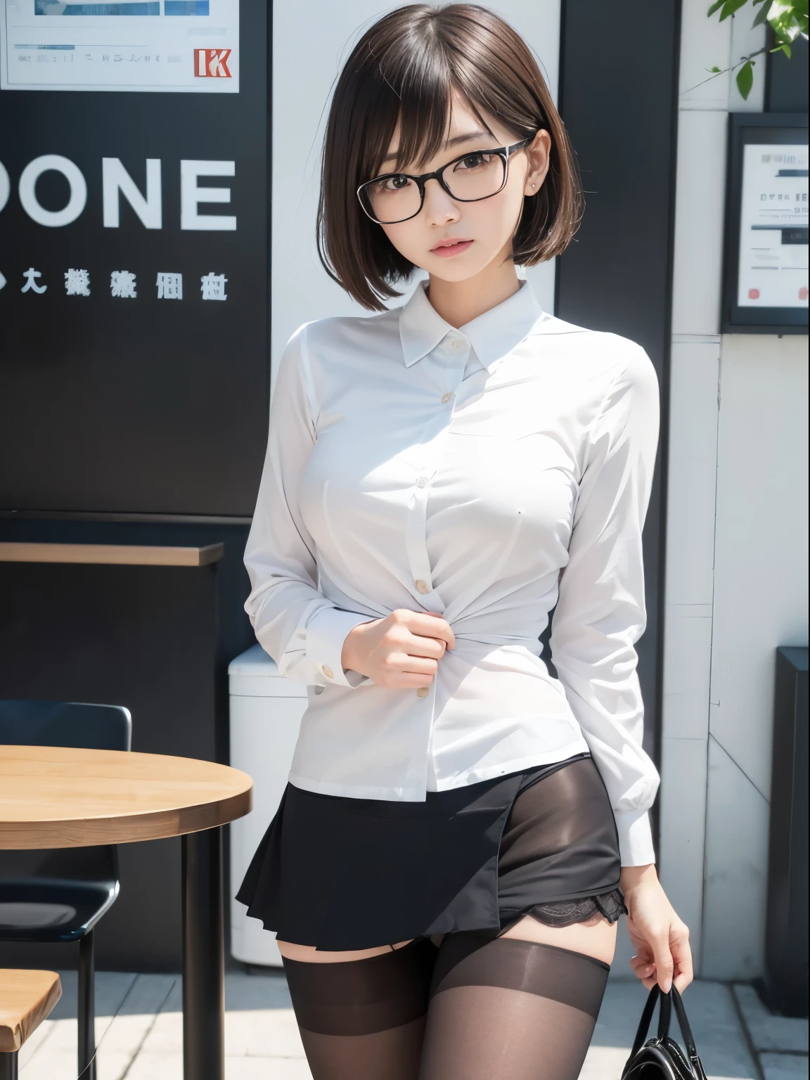 the Extremely Detailed CG Unity 8K Wallpapers, Best Quality, Ultra-detailed, masutepiece, Realistic, photographrealistic, extremely detailed cute girl, 25-years old, (Secretary), (Glasses) , blush, Parted lips, (Panties under pantyhose ), (Showing panties), Half body shot , Office