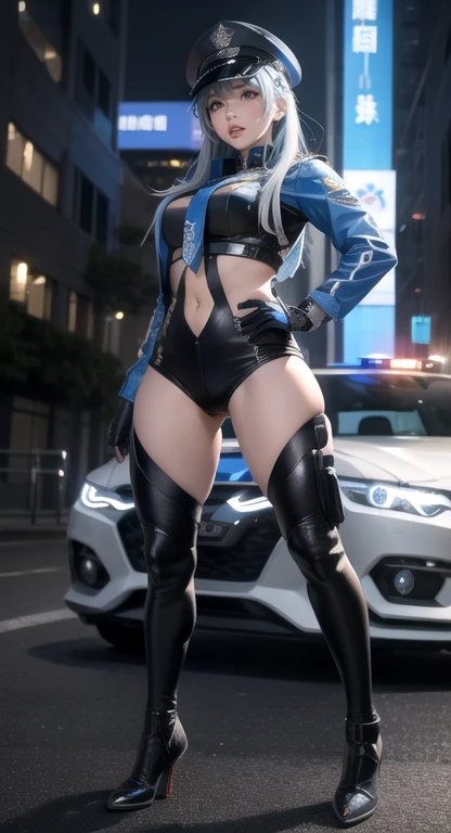  highest image quality taken by Ki，Excellent details， super A high resolution，Police of the Future， she was wearing a futuristic SWAT uniform ， she was standing in front of a police car ， Very Sexy ，Rugged body，Sexy and Sturdy ，Detailed Abs，Detailed muscle lines， dynamic poses in a crowded store，Night of，futuristic city cityscape background ， from behind ，  sense of science and technology ，Future Tech， extremely detailed cyberpunk style，Cyberpunk personality ，Highly detailed policeの制服，Highly detailed policeの帽子，Highly detailed police，Highly detailed policeバッジ，Extremely elaborate armband ，Highly detailed policeストリップ，Highly detailed epaulets，Wear a police hat，A very sophisticated electric baton，Very sophisticated gun，Guns of the Future，，Wireless Devices， Highly detailed handcuffs ，Highly detailed police装備，Highly detailed police car，Police car of the future，facade， full body photo， look up from below ， view from below,  viewers，