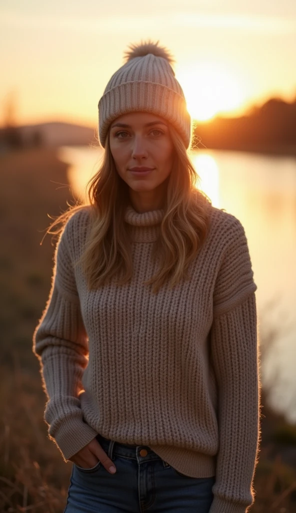 blonde photorealistic, best quality, hyper detailed, gorgeous woman, selfie photo, upper body, soli, pullover tragen, cool, (natta), mountains, Nature in real life, stars, Mond, (cheerful, happy), sleeping bag, gloves, pullover, beanie, flashlight, woods, rocks, river, wood, smoke, fog, clear sky, analog style, looking down at viewer, skin texture, film grain, close up, ultra-high resolution, Best Shadow, .RAW, instagram LUT , beach , 比基尼