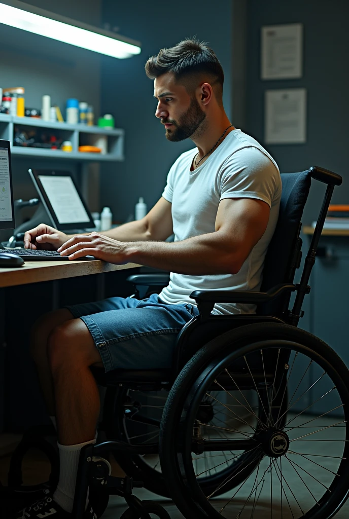 A muscular, masculine, handsome man without legs (((no legs)))(((no limbs))), sitting in a wheelchair, wearing a t-shirt and denim shorts, working at an electronic workbench. The man has a determined expression, with intricate details in his face and surroundings. Chiaroscuro lighting, cinematic and dramatic ambiance, ultra-detailed and photorealistic, 4k resolution, masterpiece quality. The wheelchair and electronic workbench are highly detailed and prominent in the scene.