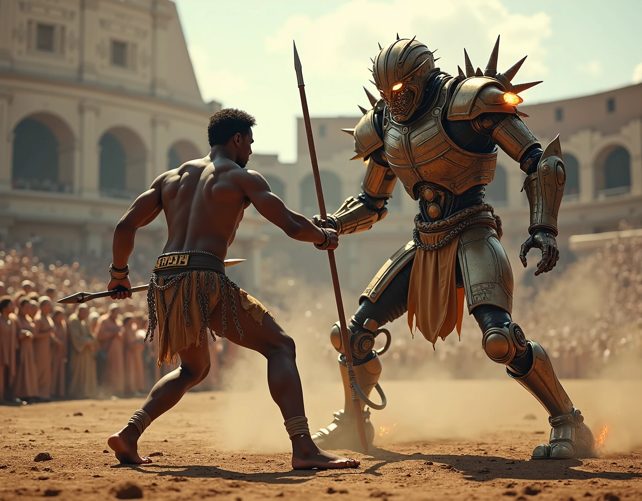 (UHD,4k render, photorealistic ,max detal ,digital photo) : Ancient Rome , Roman Colosseum during ancient Rome , spectators in ancient Roman robes on the stands ,  we are in the middle of the Colosseum arena , a large pumped up mulatto with a spear in hand , and light gladiator armor fights a steam robot with a mechanical gladiator( gladiator mechanical robot , in spiked Roman armor , with a bolava in hand , an incredible retro view , Threatening view ,steam breaks out , fire-glowing eyes behind the visor ),  gladiator battle in the Colosseum arena ,(фотореалистичный  gladiator mechanical robot  , ancient Roman style and design ,)