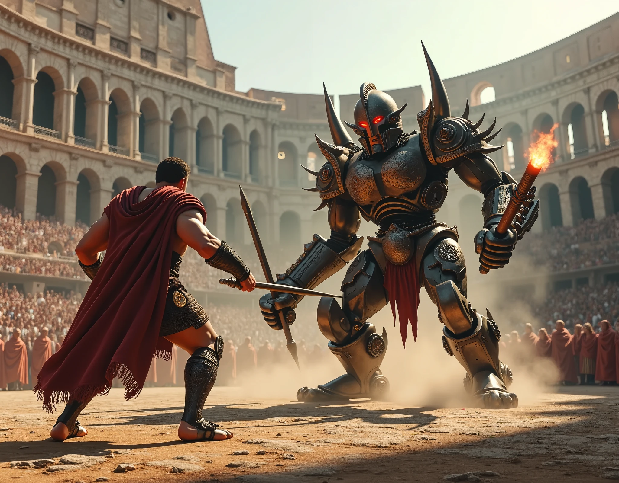 (UHD,4k render, photorealistic ,max detal ,digital photo) : Ancient Rome , Roman Colosseum during ancient Rome , spectators in ancient Roman robes on the stands ,  we are in the middle of the Colosseum arena , a large pumped up mulatto with a spear in hand , and light gladiator armor fights a steam robot with a mechanical gladiator( gladiator mechanical robot , in spiked Roman armor , with a bolava in hand , an incredible retro view , Threatening view ,steam breaks out , fire-glowing eyes behind the visor ),  gladiator battle in the Colosseum arena ,(фотореалистичный  gladiator mechanical robot  , ancient Roman style and design ,)