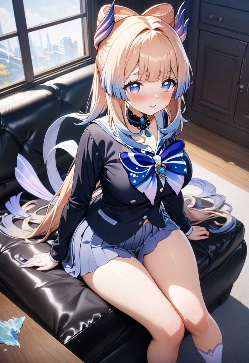 nswf:1.2,(8k, RAW Photos, highest quality, masterpiece:1.2), (Highly detailed 8k wallpaper),figure、Professional Lighting,Sharp focus, Depth of written boundary、(((looking down viewer:1.5))),Browsing Caution、Clear Eyes、Perfect Anatomy、Perfect lighting、(from the front:1.3)、 16yo、(smile:1.2)、(Leaning forward:1.8)、(Dark Skin:1.5)、(Blonde:1.5)、High Ponytail、((necklace, Colorful Bracelets, x Hair accessories):1.2), 、Huge 、、Plump thighs AKE UP:1.3)、,(White lace panties:1.5)、(school uniform, blazer:1.3)、(Below-the-knee loose socks:1.8)、Cowboy Shot、classroom、School、Beige blazer、(Navy blue checkered pleated skirt:1.3)、((sex:1.6)),(Vulgarity:1.8)、((orgasm:1.9))、((open legs:1.6))、Close one eye:1.3、(((cowgirl position:1.3, squatting:1.3, spread legs:1.3)))、Erotic atmosphere