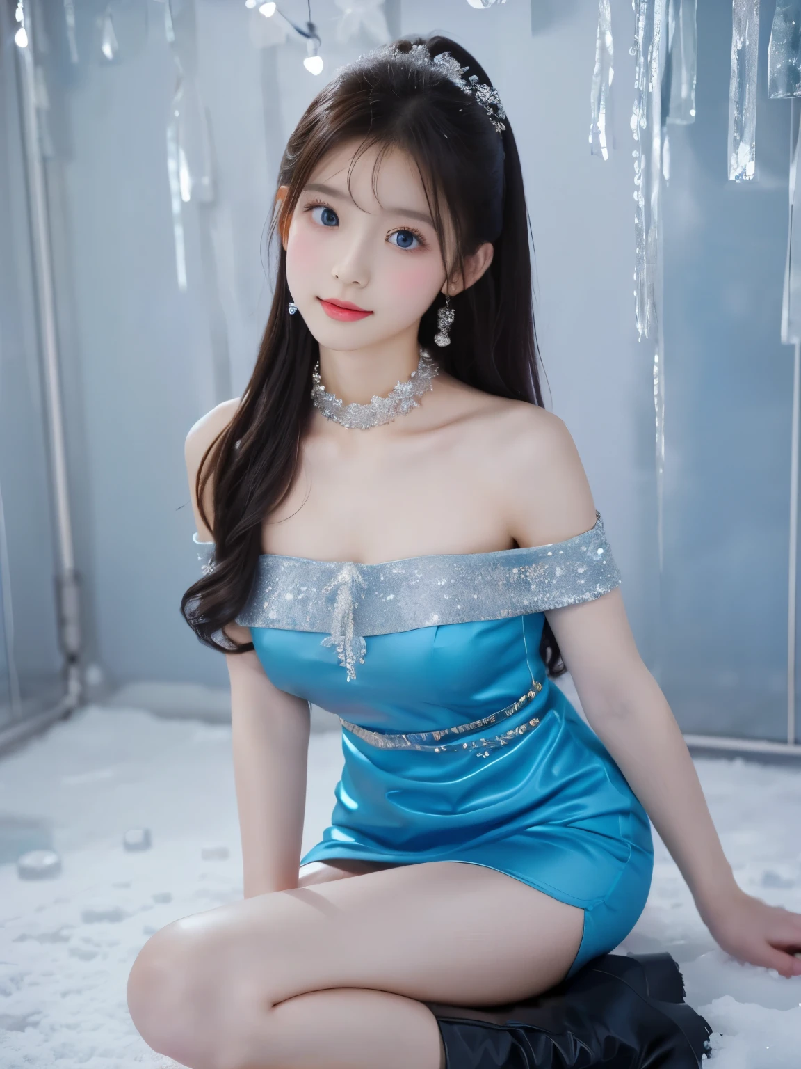 Beautiful woman wearing a blue mini dress with decorations on the shirt and visible shoulders and wearing boots and being photographed with a background And was in a room full of ice and snow ,Korean style swag, beautiful face so gorgeous, Beautiful eyes, y2k style