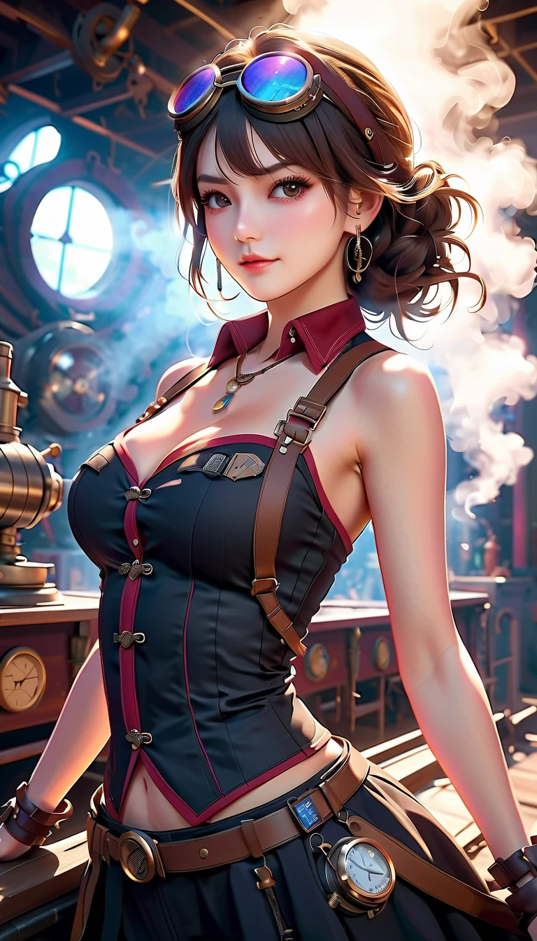  steampunk, beautiful female mechanic, \ atlus\,  best aesthetic performance , Steam that makes you imagine heat is erupting in the background,  A fascinating and glamorous world ,  cinematic lighting,  raytracing ,  raytracing ,  high detail, Afterimage, masterpiece,  top quality,  super detailed, 4K,  super high resolution, 8k