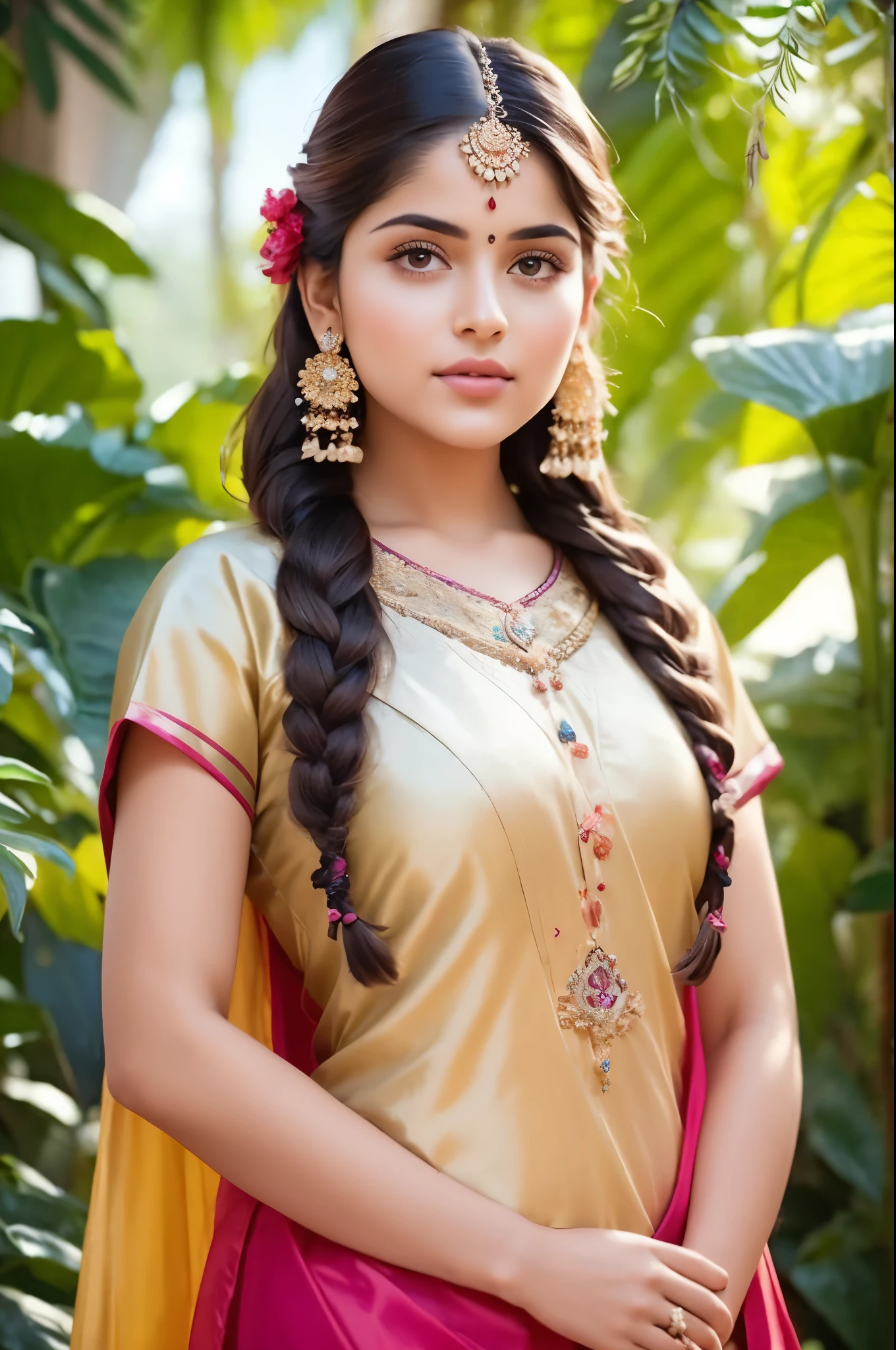 A hyper-realistic portrait of a stunning alien princess with delicately otherworldly features. Her large, glowing grey eyes captivate with their inner luminescence, while her iridescent sapphire and amethyst skin shimmers subtly, reflecting the vibrant hues of her attire. She is dressed in a traditional Indian peach-blue salwar kameez, with intricate golden embroidery, complemented by a flowing blue chunari. Red earrings and a small red bindi between her brows add striking accents to her regal appearance.
Her curly brown hair is styled in an elegant double braid, each adorned with red ribbons at the ends and small white flowers delicately placed throughout. Two soft trains of hair frame her face, enhancing her gentle yet majestic aura. Precious gemstones are woven into her hairstyle and attire, catching the ambient light and adding an ethereal brilliance.
She stands amidst a lush tropical paradise, teeming with vibrant, exotic flora and fauna. The background bursts with life, as fantastical plants and creatures blend seamlessly into this imaginative setting. Her ornate crown, intricately designed with alien patterns and precious stones, rests gracefully on her head, symbolizing her royal stature.
The cinematic framing captures her standing with an air of gentle elegance and royal dignity, her posture exuding confidence and poise. The lighting enhances the scene's depth and richness, creating a breathtaking fusion of fantasy, tradition, and science fiction.