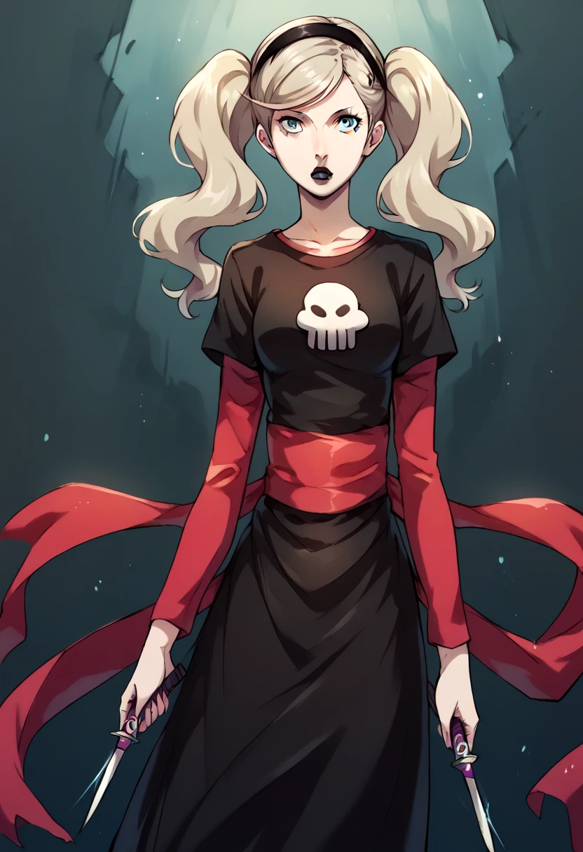 core_9, score_8_up, score_7_up, score_6_up, score_5_up, score_4_up,  1girl, blonde hair, black hairband, black lips, blue eyes, twintails, shirt print, rosedress, shirt print, Ann Takamaki, short hair, dress, black dress, sash, makeup, bob cut, knife, lipstick, skull, BREAK source_anime