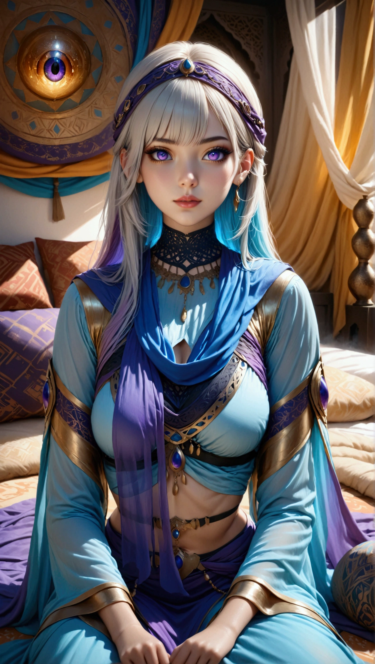 (ultra realistic,32k, masterpiece:1.2),(high detailed skin:1.1),( 8k uhd, dslr, high quality:1.1),
<lora:scherazard-nvwls-v2:0.7>scherazard,silver hair,long hair, hair tied back, braid down, hairband, hoop earrings, forehead jewel, necklace, crop top, cleavage, sarong, bridal gauntlets,, <lora:add_detail:0.77>, (huge breast:0.9),
(looking at viewer, sitting, crossed legs:1.1),,
,(dense light rays:1.1),blank background