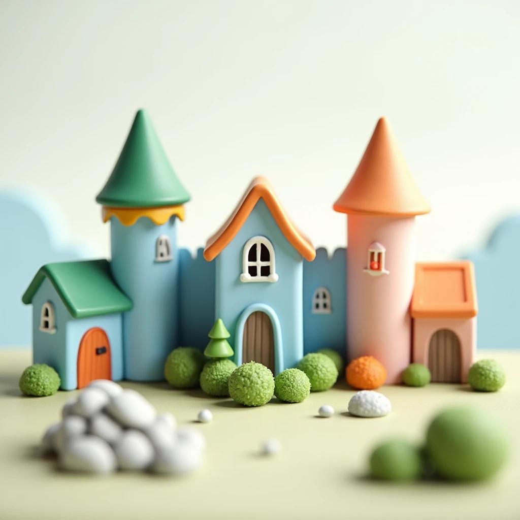 The view is on a flat surface of a miniature, cartoon depiction of a small village within the daytime. The village is made up of blue, orange, and gray houses with pointed roofs. The buildings are positioned in a row and are multi-colored. On the left, the roofs of a castle is painted green with a yellow decoration at the bottom, while on the upper right, is painted a pale pink hue. The center of the village contains a small window in a white window, and each house is colored blue with a brown door. The door has a red decoration at one end of the door. A green tree, and green bushes are scattered in front of the houses. The bushes are outlined in a matted design by small green bushes. Some of the bushes are orange as well. There is a pile of small boulders in the foreground of the scene as well, and the backdrop is a pale light gray with a faint sky.