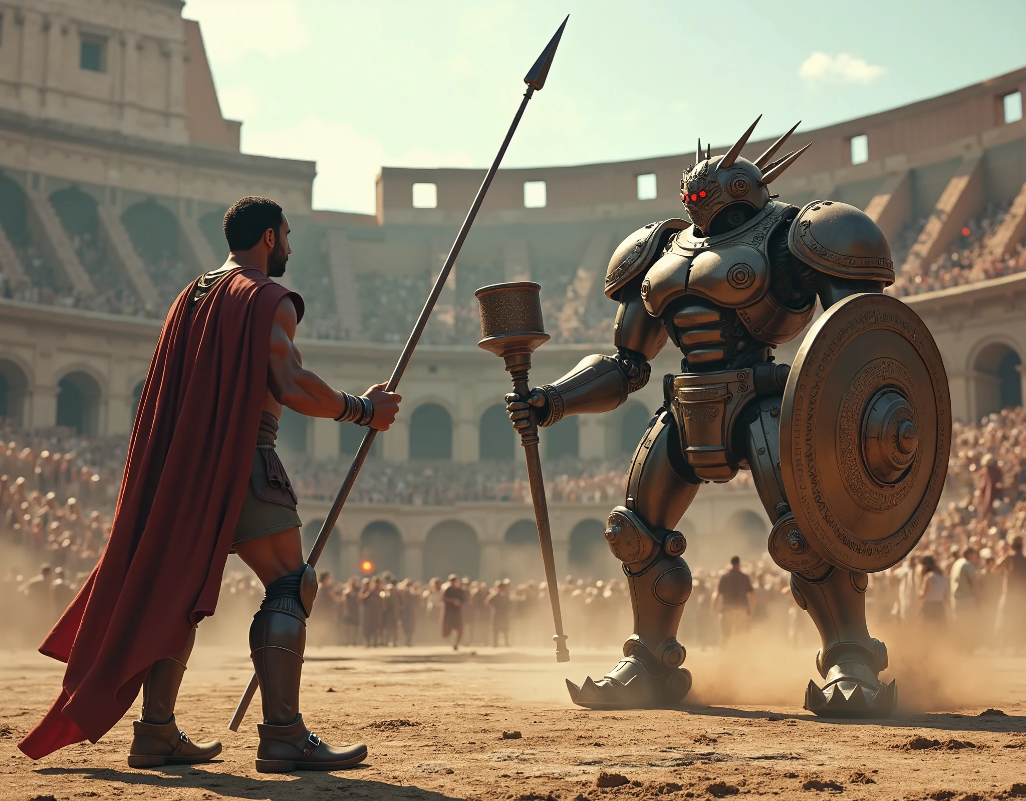 (UHD,4k render, photorealistic ,max detal ,digital photo) : Ancient Rome , Roman Colosseum during ancient Rome , spectators in ancient Roman robes on the stands ,  we are in the middle of the Colosseum arena , a large pumped up mulatto with a spear in hand , and light gladiator armor fights a steam robot with a mechanical gladiator( gladiator mechanical robot , in spiked Roman armor , with a bolava in hand , an incredible retro view , Threatening view ,steam breaks out , fire-glowing eyes behind the visor ),  gladiator battle in the Colosseum arena ,(фотореалистичный  gladiator mechanical robot  , ancient Roman style and design ,)