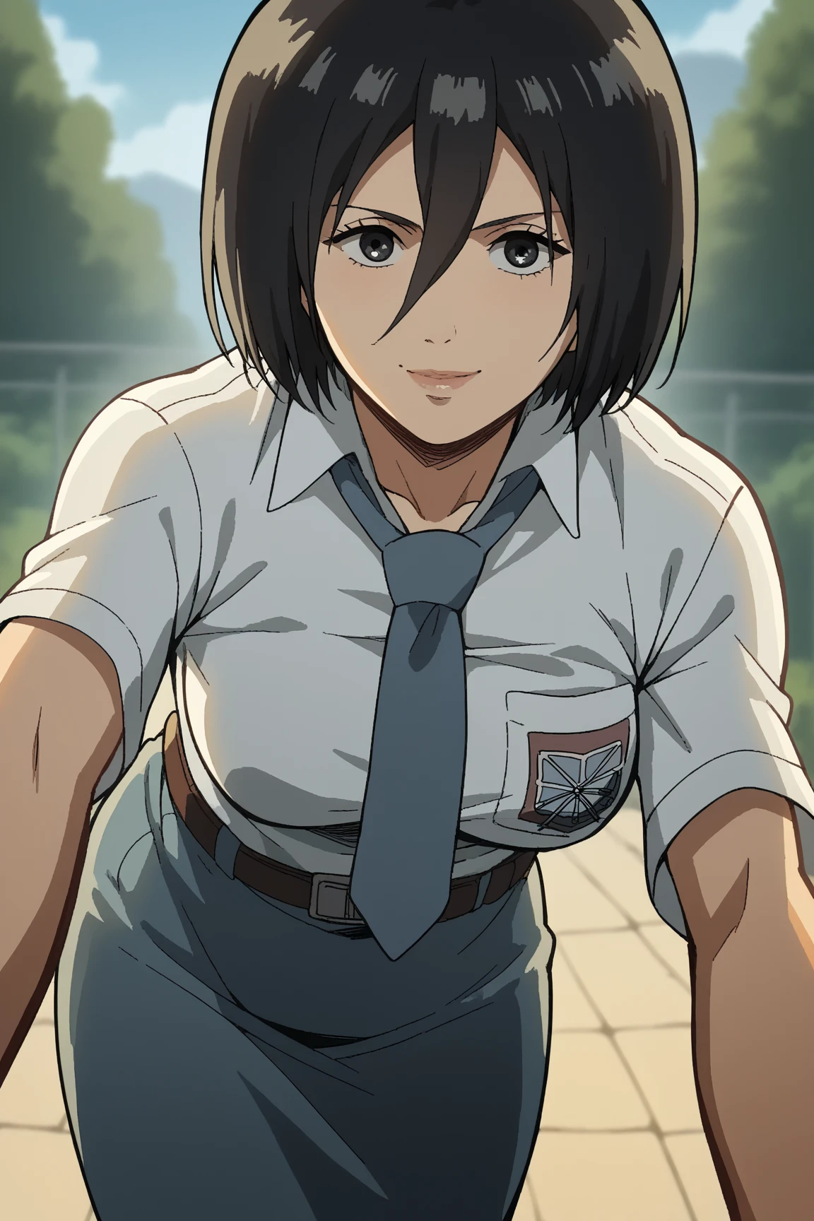 score_9, score_8_up, score_7_up, score_6_up, source_anime, mikasa ackerman, black hair, black eyes, short hair, hair between eyes, mature female, tucked in sma shirt, sma necktie, sma belt, sma skirt, large breasts,, landscape, bent over, smile, looking at viewer, solo,, cowboy shot, dutch angle