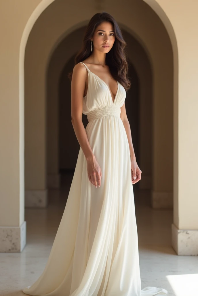 A captivating watercolor painting of A Vestal Virgin, bathed in the golden light of dawn, performs her sacred ritual at the Temple of Vesta. Clad in a thin pristine white tunic, her youthful beauty is accentuated by the soft, natural light. Her hourglass figure is subtly revealed through the delicate fabric.