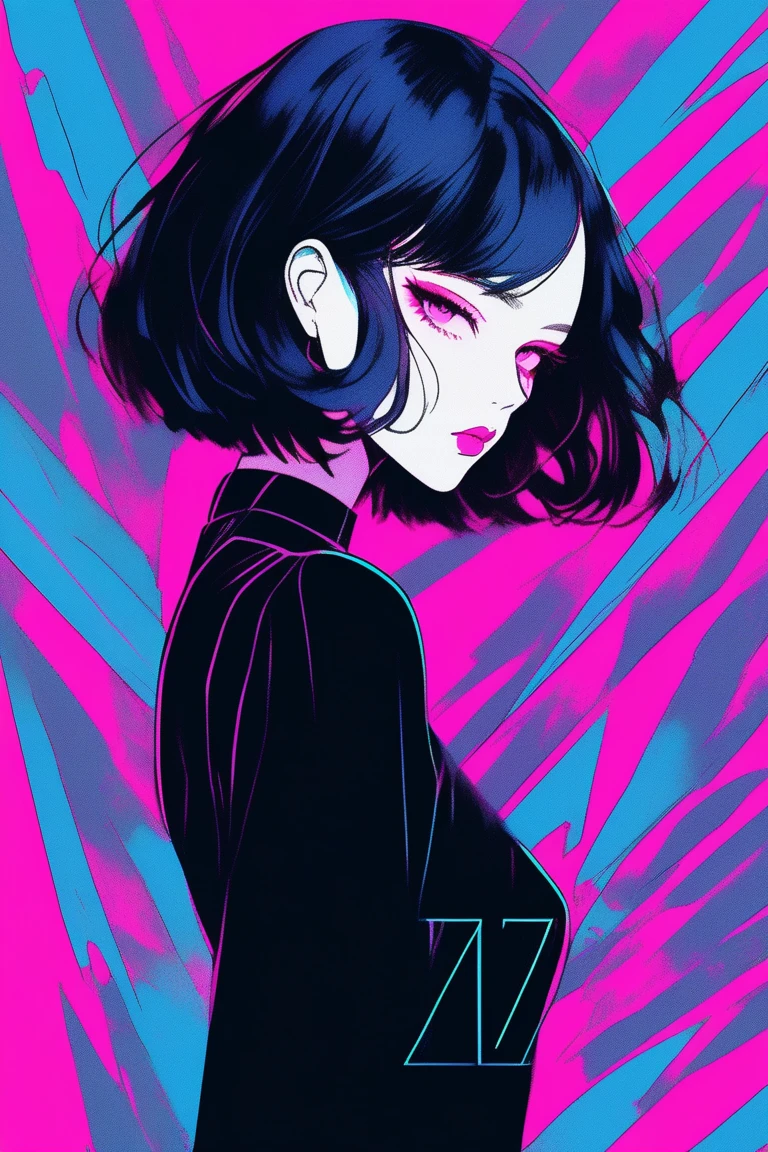 (Highest quality, sketch:1.2),Realistic,Illustrator,anime,1 girl, Detailed lips, Black Dress,custom, (Background dark monochrome),Neon Hair,Texture Cropping, masterpiece, Style: Retro Classic, white, art, sketch book, (Bob Hair Black:1.75 Neon:1.32), Mysterious Woman , Pastel monochrome background