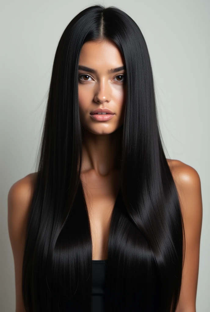 A stunning portrait of a beautiful young woman with striking features. She must have long black hair, a captivating gaze and a seductive expression. The background should be neutral and simple. ((highly detailed skin, skin details)), sharp focus, 8k, UHD, DSLR, high quality, film grain, Fujifilm XT3, full body.