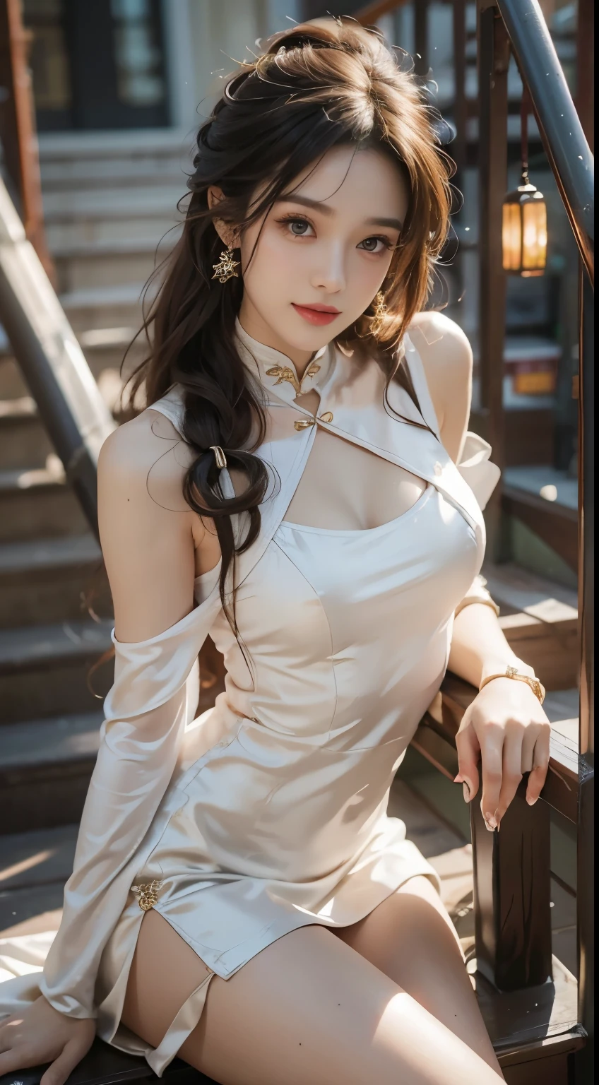 ((realistic)), a young girl, beautiful teenage girl, White cheongsam, draped in silk, cropped shoulders, slim, Slimming the waist, high-heels, Shy, grin, 耳Nipple Ring、choker necklace、Hairpins，Heavy makeup，Gorgeous eye makeup，extremely beautiful eyes, golden hair, curlies, Long flowing hair, simple backgound, Sit Pose, Stairwell, sit on stairs, Cross ed leg, Flirting skirts, posed for photo, posing elegantly, Random shooting angle, warm lights, a warm color palette, Professional lighting,  photon mapping , radiocity, Physically-based rendering, RAW photos, Best quality, beauitful face,  Beautiful skins， Attractive，  ultra high resolution ， ultra real photo