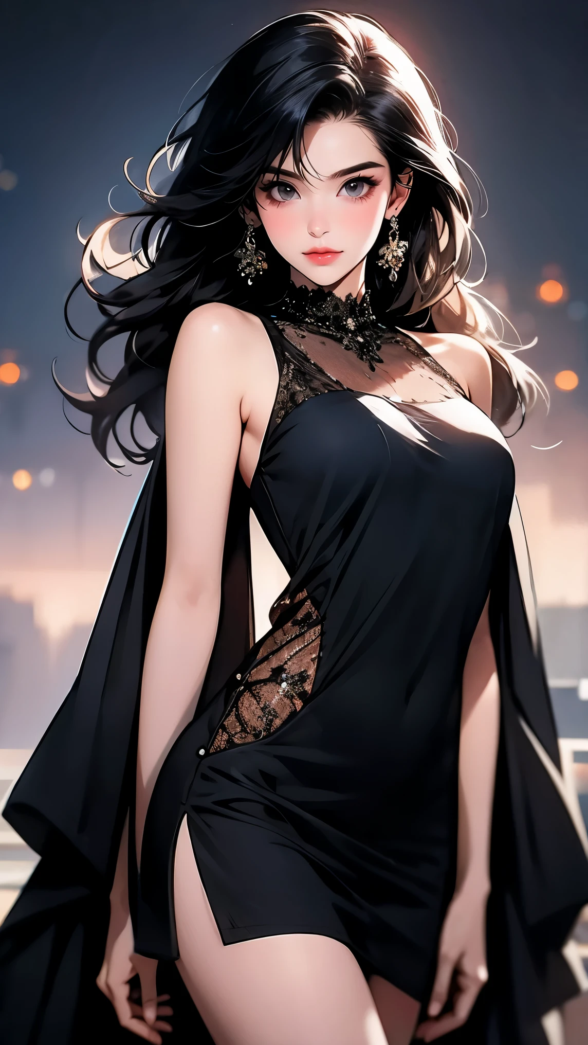 (( of the best quality, 8K, masterpiece: 1.3)), 1 girl, whole body, [Thin face, pretty Woman, (Black Hair), super fine face, meticulous eyes , Double eyelids, blurry backgrounds , [Thin face,Endless grassland,Plains,(最 high quality, 8K, masterpiece: 1.3, Ultra HD,Navel Tshirt ,Pants or shorts ,super beautiful dress, background blur,Background illusion,Standing, high quality, 最 high quality, high resolution, realism )) 、2 White women、Black Hair、 blue eyes 、 long hair、Smile 1.2、slim、 don't want my head off the screen., Asymmetric Hairstyle(( asymmetrical hair )、Crystal Earrings((Crystal Earrings))、Gradient Hairstyle(( gradient hair))