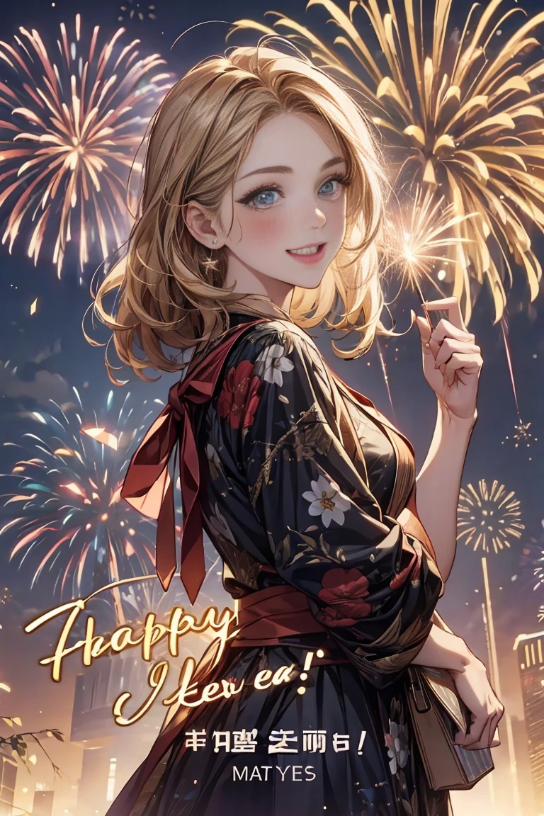 (text in "Happy new year!":1.2), 1woman in, Ogle, Wink, fireworks scene,